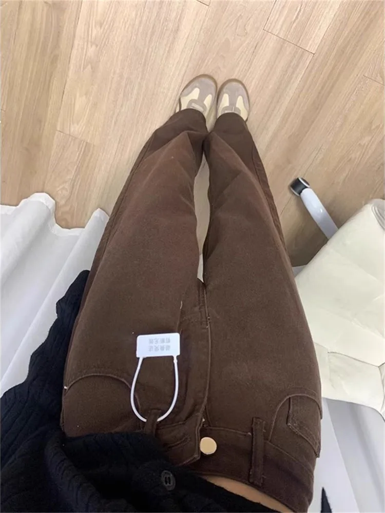 plus Size Fce Lined Brown Denim High Waist Loose Straight Leg Jeans Women's Winter Comfortable Slimming Wide Leg Trousers