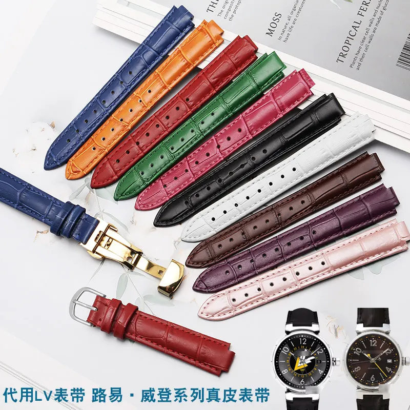Suitable for Louis Vuitton Men's and Women's Cowhide LV Strap Tambour Series Leather Convex Butterfly Buckle Watch Chain 12mm