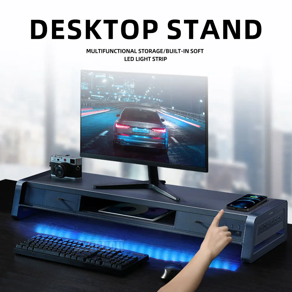 

USB Monitor Stand Organizer with Drawer, Multifunctional Docking Station for Office, Desktop & Phone Holder