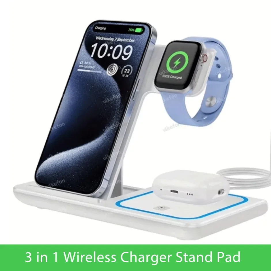 

Складная зарядная станция 3 в 1, подставка для быстрой беспроводной зарядки, светодиодная подставка 30 Вт для iPhone 16, 15, 14, 13, 12, Apple Watch 9 8 7 6 Airpods Pro