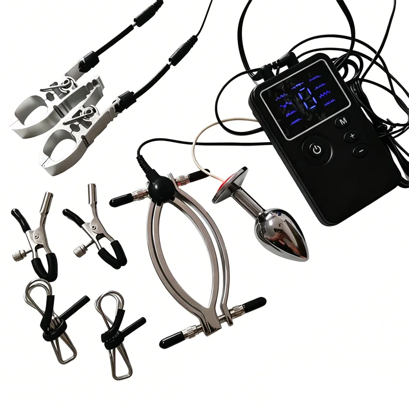 Female Labium Clamps Metal Nipples Clips Clitoris Breast Stimulation 8 Modes Electric Shock Anal Butt Plug Sex Toys for Women