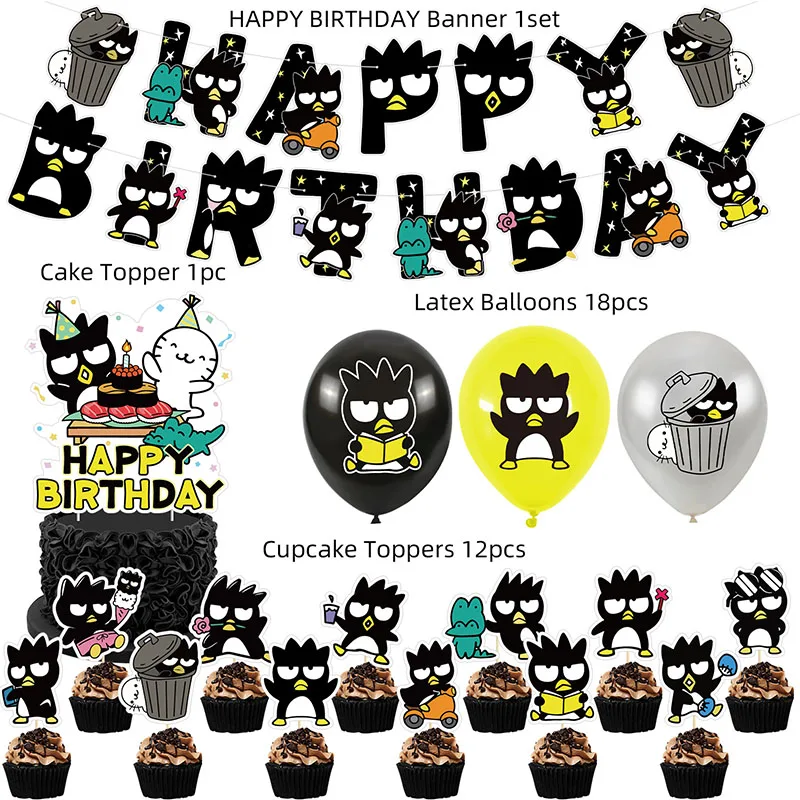 Sanrio-Decoración de fiesta de cumpleaños con temática de BADTZ-MARU, banderines de imagen de figura de acción de Anime, adorno de pastel desechable para niños, utilería para Baby Shower