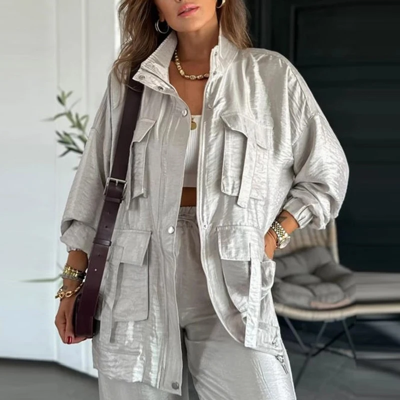 Autumn Winter Women Stand Collar Jacket and Pants Sets Casual High Street Pocket Cargo Suit Fashion Long Sleeved Loose Outfits