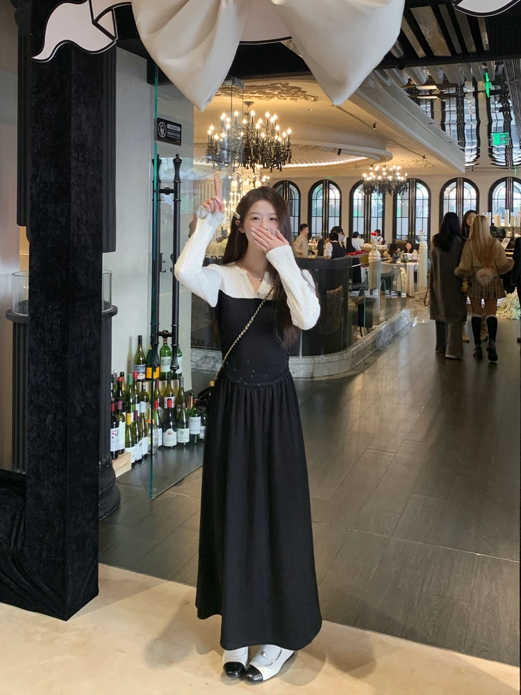 

Slimming Long Knitted Dress Women's Winter New Style Casual Splicing A-Line Dress Elastic Waist V-Neck Full Sleeve Casual Dress