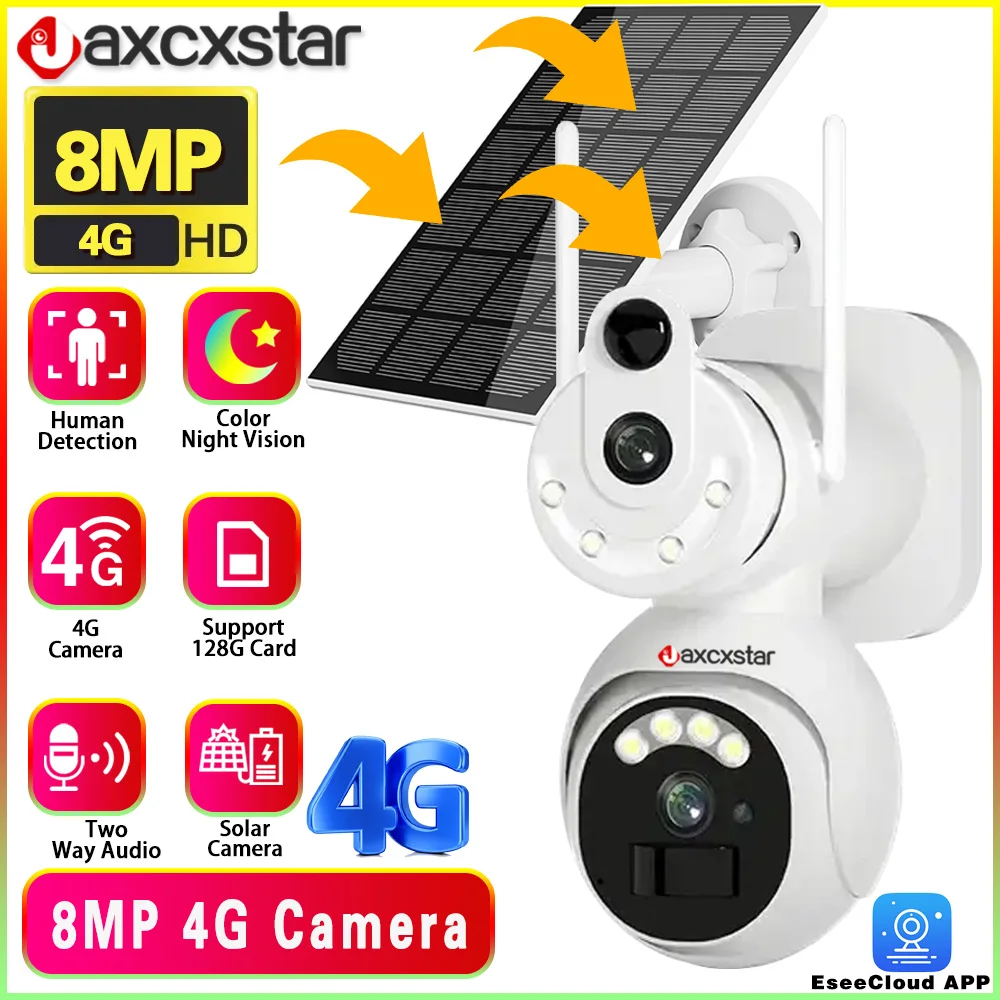 

4G SIM Card Solar Camera 360 IP Camera 8MP 4K CCTV Battery Cameras Outdoor Dual Lens Smart Home CCTV Security Surveillance Solar