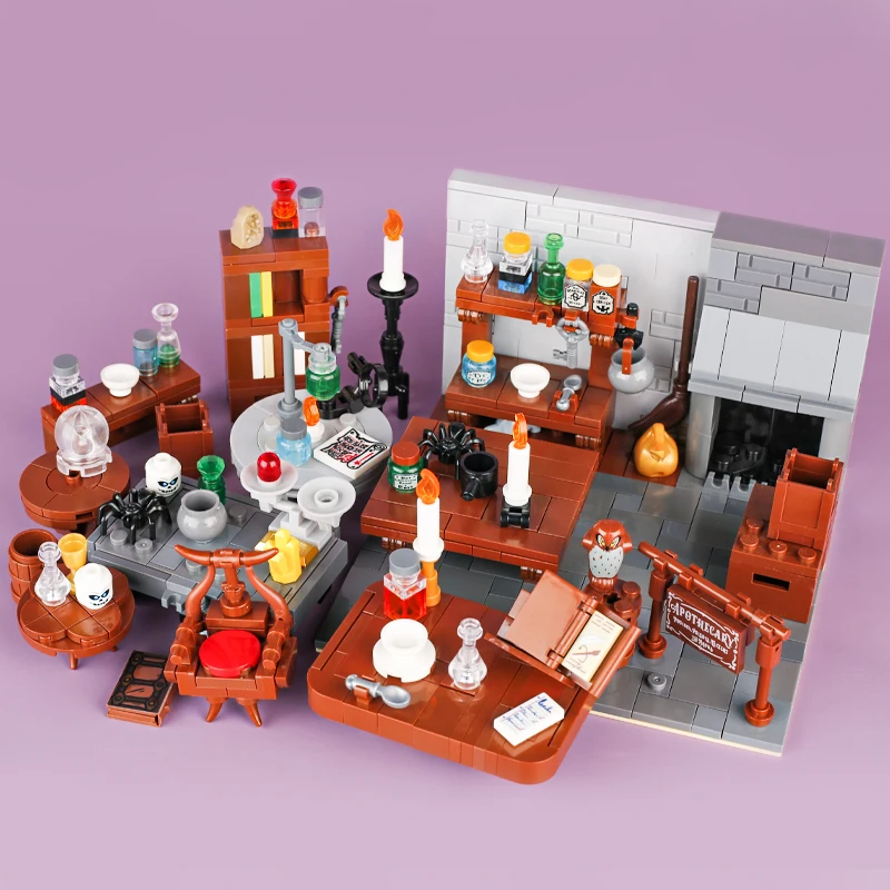 Medieval Witch Hut Building Blocks MOC Mode Magic Potion Bottle  Witch\'s Kitchen Cartography table Toys Brick Gift