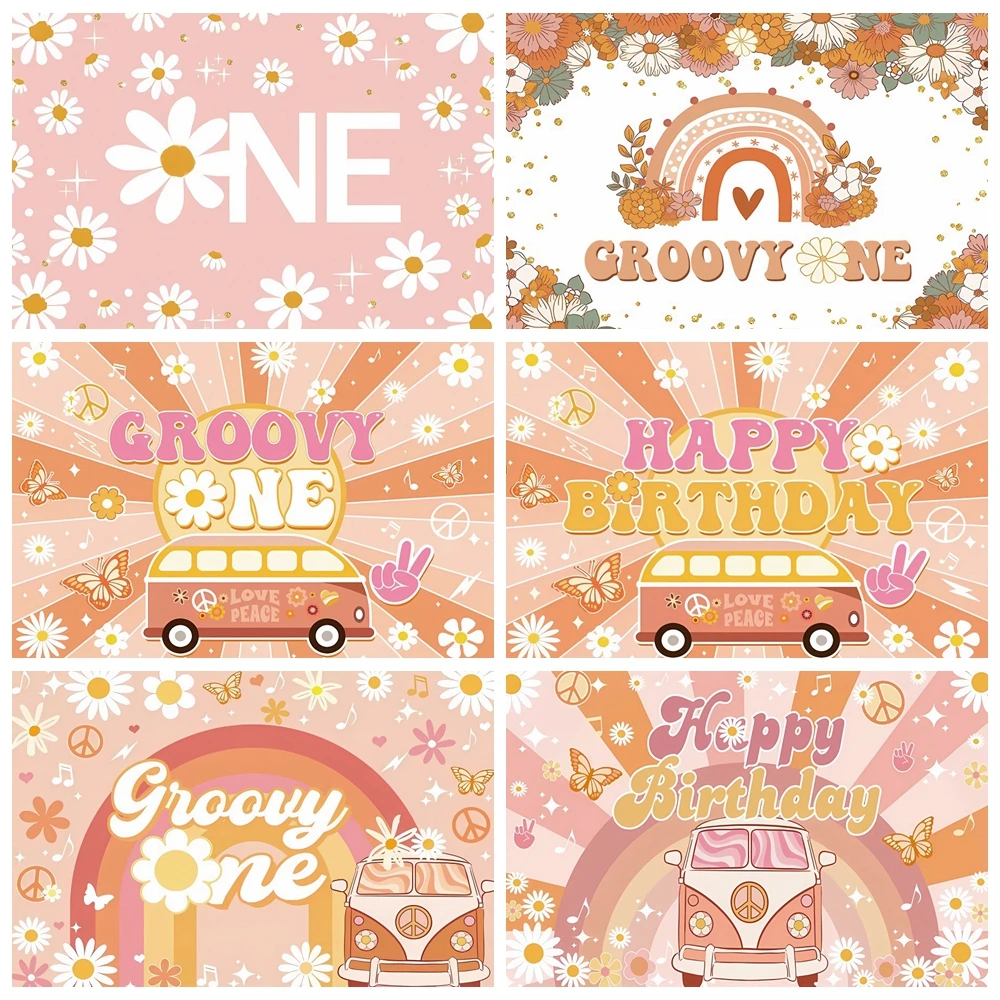 

Groovy 1st Birthday Newborn Photography Backdrops Boho Style Rainbow Daisy Peace Love Party Decor Cake Smash Photo Background