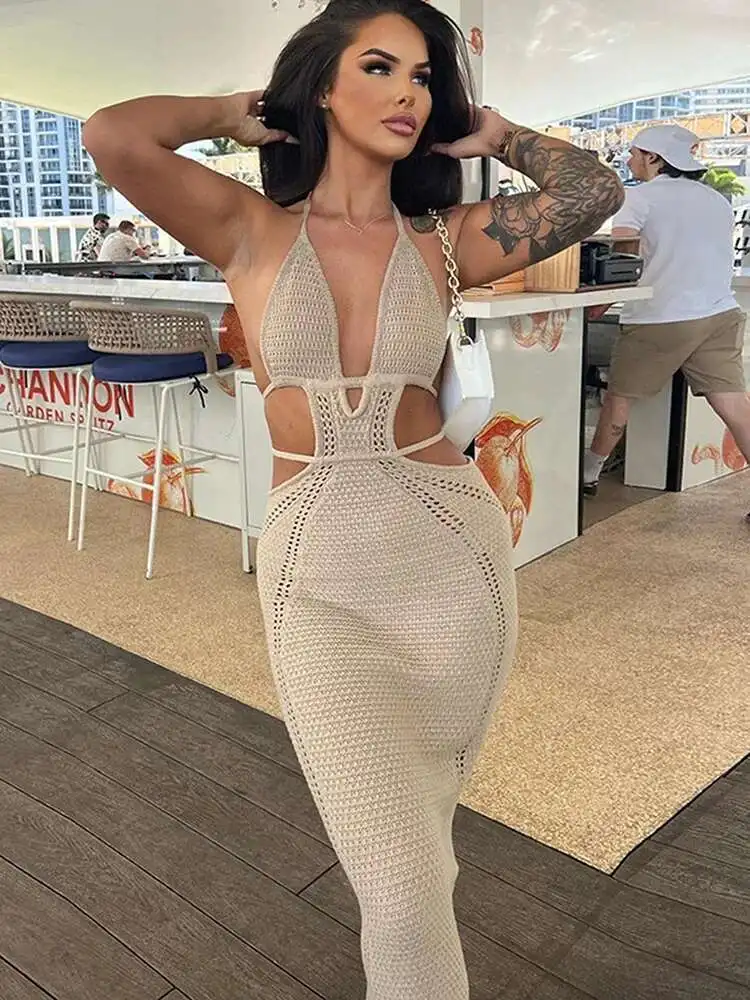 Bwq malha rendas até halter midi feminino bodycon sexy streetwear festa clube outfits praia crochê vestido longo outono inverno