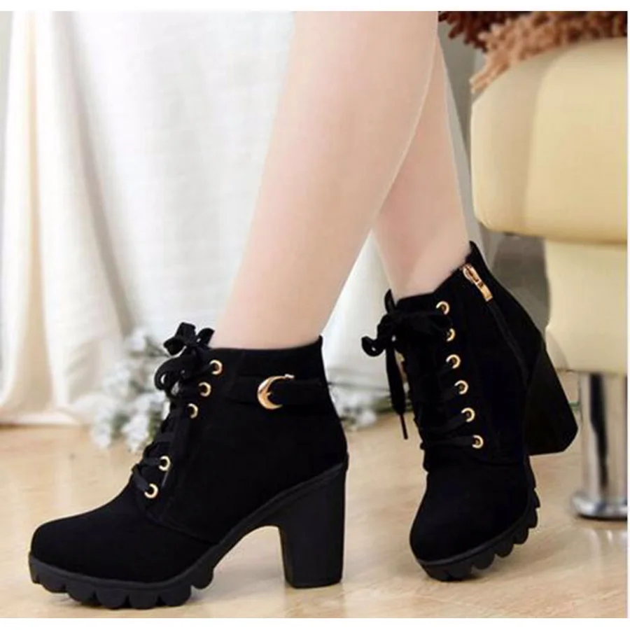 2025 New Spring Winter Women Pumps Boots High Quality Lace-up European Ladies Shoes PU High Heels Boots Fast Delivery