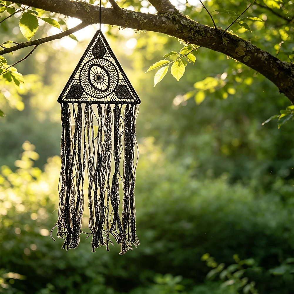 Handgewebter schwarzer Dreieck-Traumfänger mit Quasten, Boho-Mystik-Wanddekoration für Zuhause, Partys und Camping – Detail 3