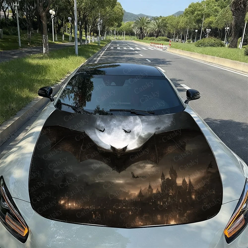 Bat Moon Castle Car Hood Sticker PVC Self Waterproof Stick, Striking Auto Exterior Accessories Decor Protect Gift for Car Lover