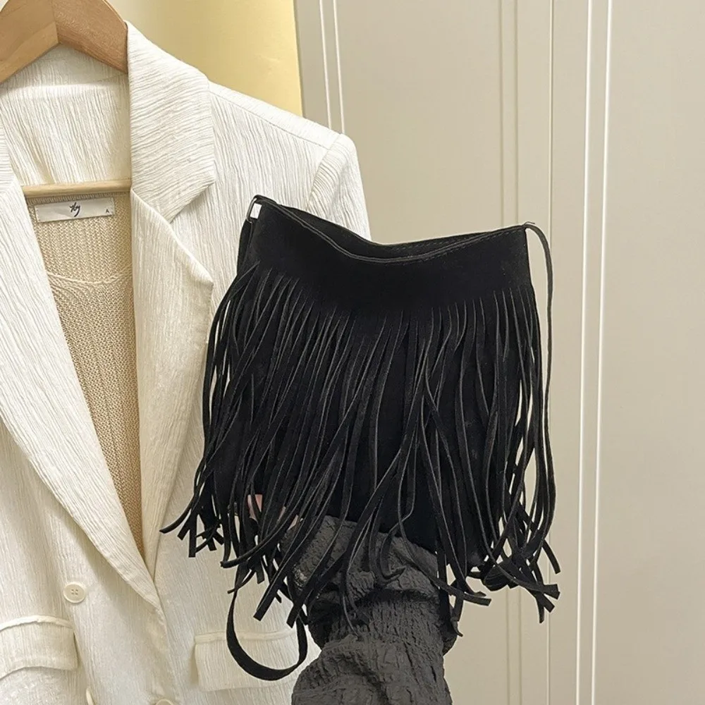 Retro Tassel Saddle Bag Vintage Style Large Capacity Suede Crossbody Bag Fringe Design Underarm Pouch Boho Style Shoulder Bag