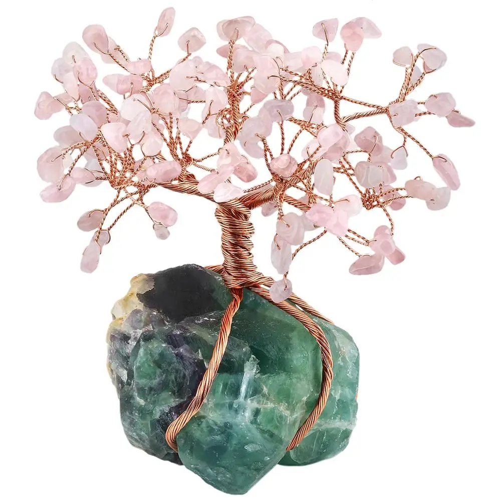 Natürliche Raw Fluorit Basis Kupfer Draht Gewickelt Rose Quarz Chips Stein Geld Baum Bonsai Glück Feng Shui Figurine Ornament