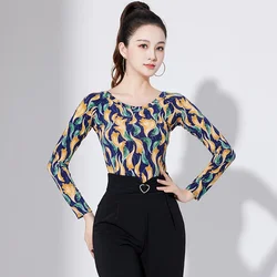 Latin Dance Suit Top Female Adult Round Neck Printed Exercise Shirt Evening Dresses Costume Ballroom Dance Modern Party Dresses