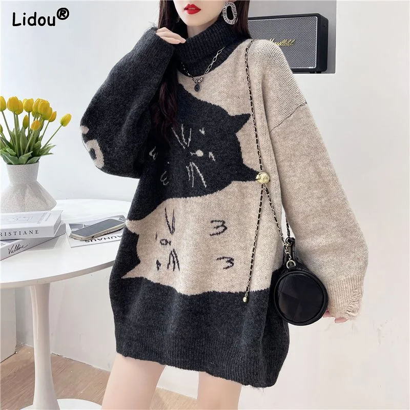 Autumn Winter Thick Loose Streetwear Turtleneck Straight Animal Pullovers Women's Clothing 2022 Splicing Printing Korean Fashion