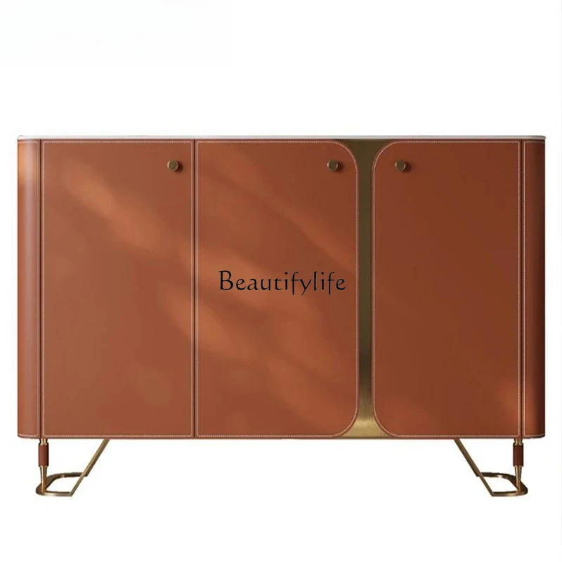 

solid wood saddle leather dining side modern light luxury high-end feeling integrated against the wall entrance cabinet