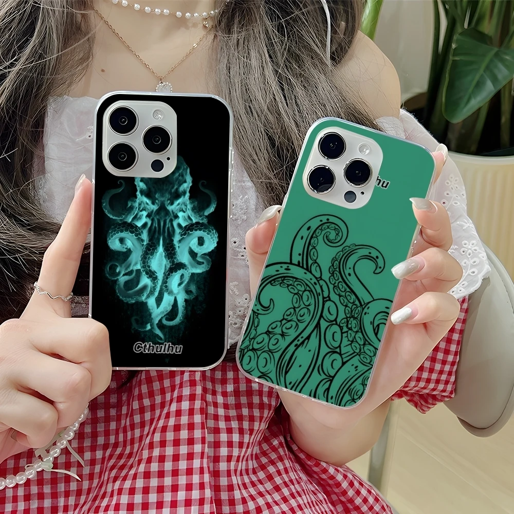 Great Cthulhu Painting Mobile Cell Phone Case for iPhone 16 15 14 13 12 11 X XR XS 8 Pro Max Plus Mini Clear Transparent Cover