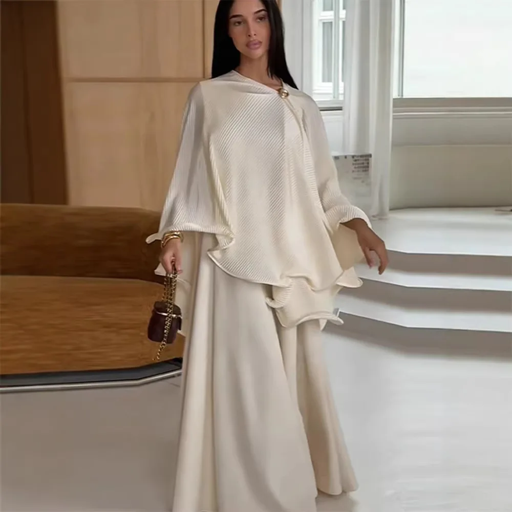 Elegant Wind Pressure Pleated Satin Single Button Slanted Cape Style Cover Shirt Hanging Feel Paired  Long Skirt Temperament Set
