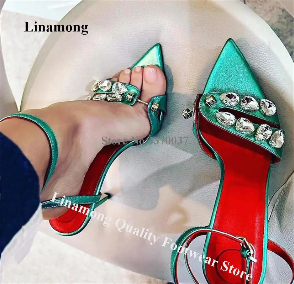 Linamong Shining Big Rhinestones Thin Heel Sandals Pointed Open Toe Metal Buckles Diamonds Stiletto Heel Sandals Wedding Pumps