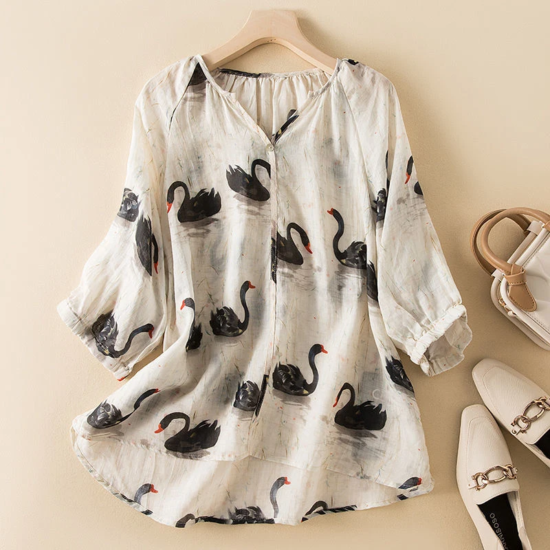 

Hot Summer Arts Style Women V-neck Short Sleeve T-shirt Black Swan Print Loose Cotton Linen Vintage Tee Shirt Femme Tops new