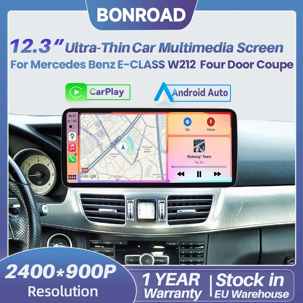 BONROAD Schermo Touch Ultra-sottile da 12,3 Pollici con CarPlay Wireless e Android Auto per Mercedes Benz Classe E W212 S212 E200 E250 E280 E300 E350 2009-2016 Sistema NTG4.0/4.5/5.0 Sistemi