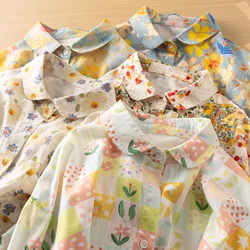 100% Cotton Shirts Japan Fashion Peter Pan Collar Oil Painting Print Blouses for Women Long Sleeve Tops Mori Kei Clothing