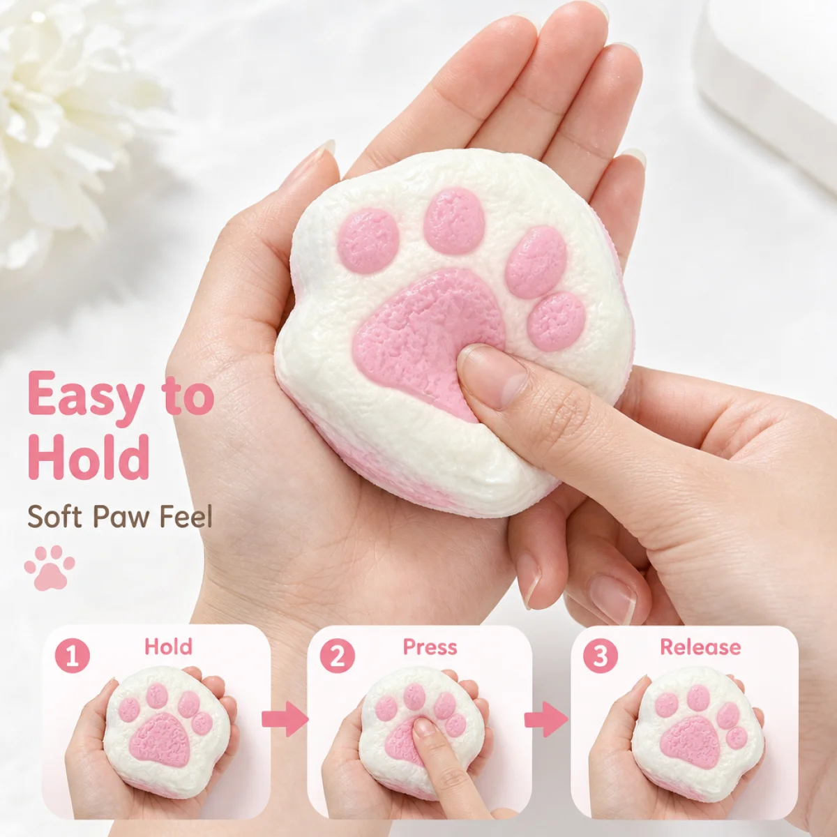 Food Safe Cute Kitten Paw Squishy Toy Two Tone White And Pink Textured Surface Slow Rising Soft Hand Squeeze Toy For Children