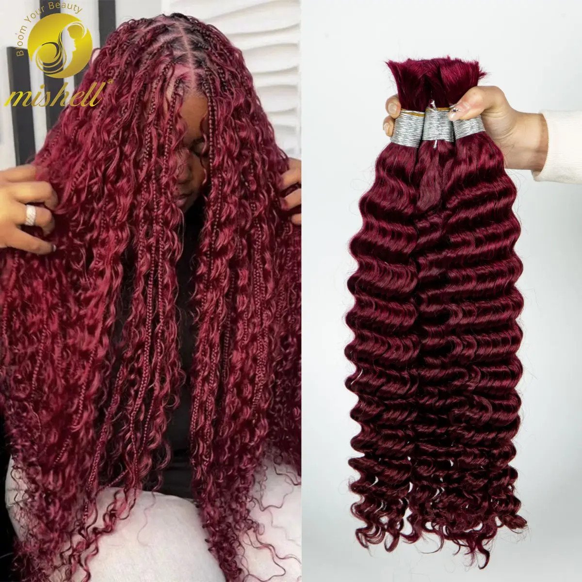 

Burgundy 99J Deep Wave Human Hair Bulk 26 28inch 100% Virgin Hair Bulk No Weft Hair Extension For Boho Braids Knotless Box Braid