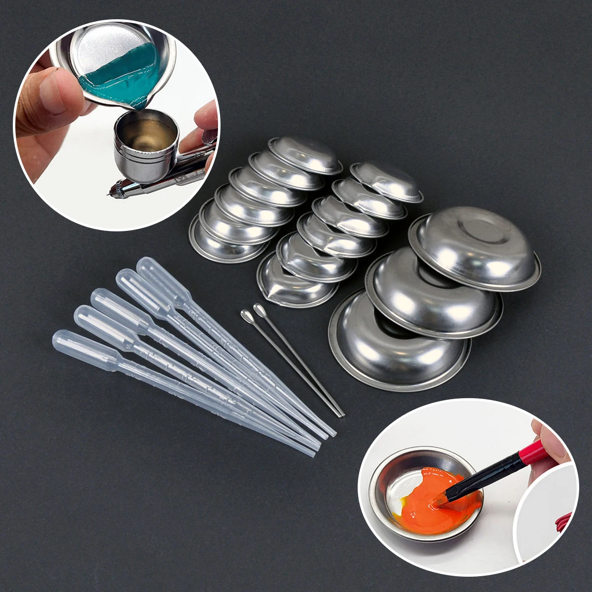 

Scale model painting tools stainless steel Paint palette Mixing dish Dropper & Stirring Rod Set Stirrer for painting airbrushing