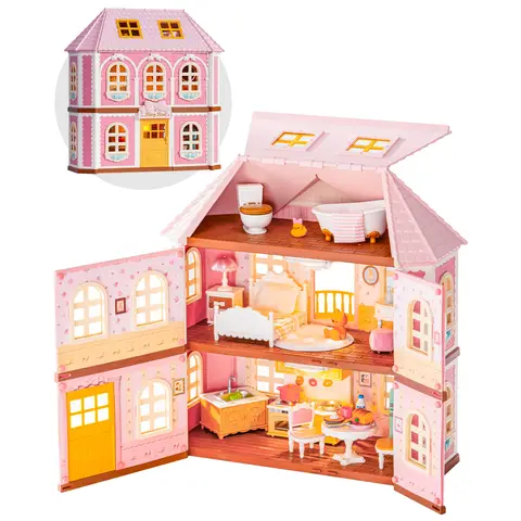 Rolife DIY Miniature House Kit Haley Island Fairy Rose Cottage 3D Puzzle 3-Story Pink Victorian Mini Dollhouse Toys with LED Light for Home Decor Gift for Teens Family Friends