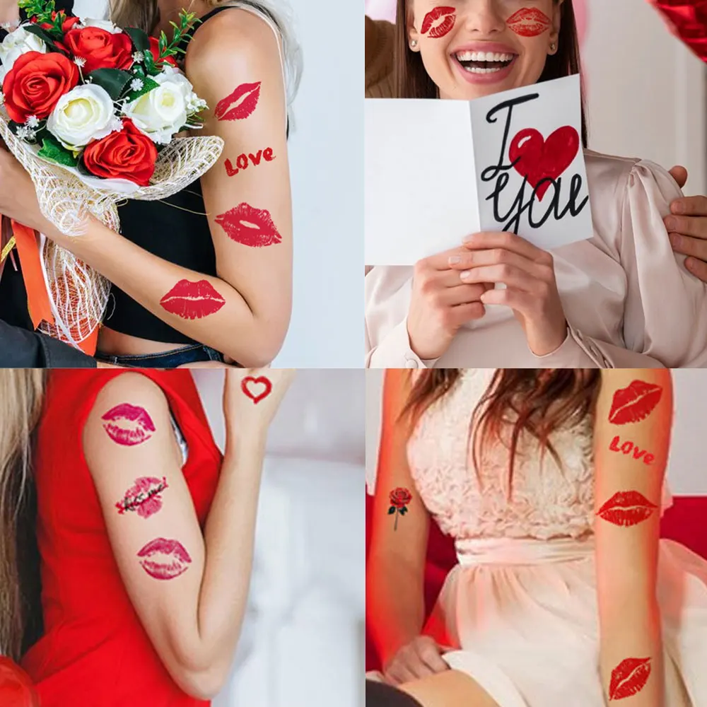 10pcs Red Lips Fake Tattoo Stickers for Women Men Heart Sexy Temporary Tattoos for Valentine Hand Face Neck Body Decoration