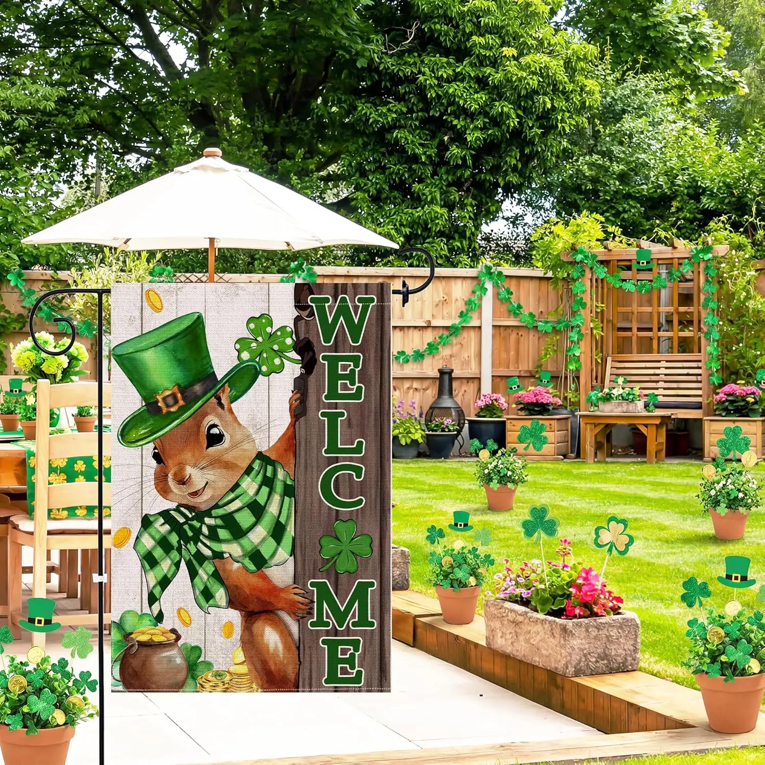 St Patricks Day Garden Flag 12x18 Inch Double Sided Outside, The Squirrel Lucky Shamrock Burlap Garden Flags Decorations, Gr AAS
