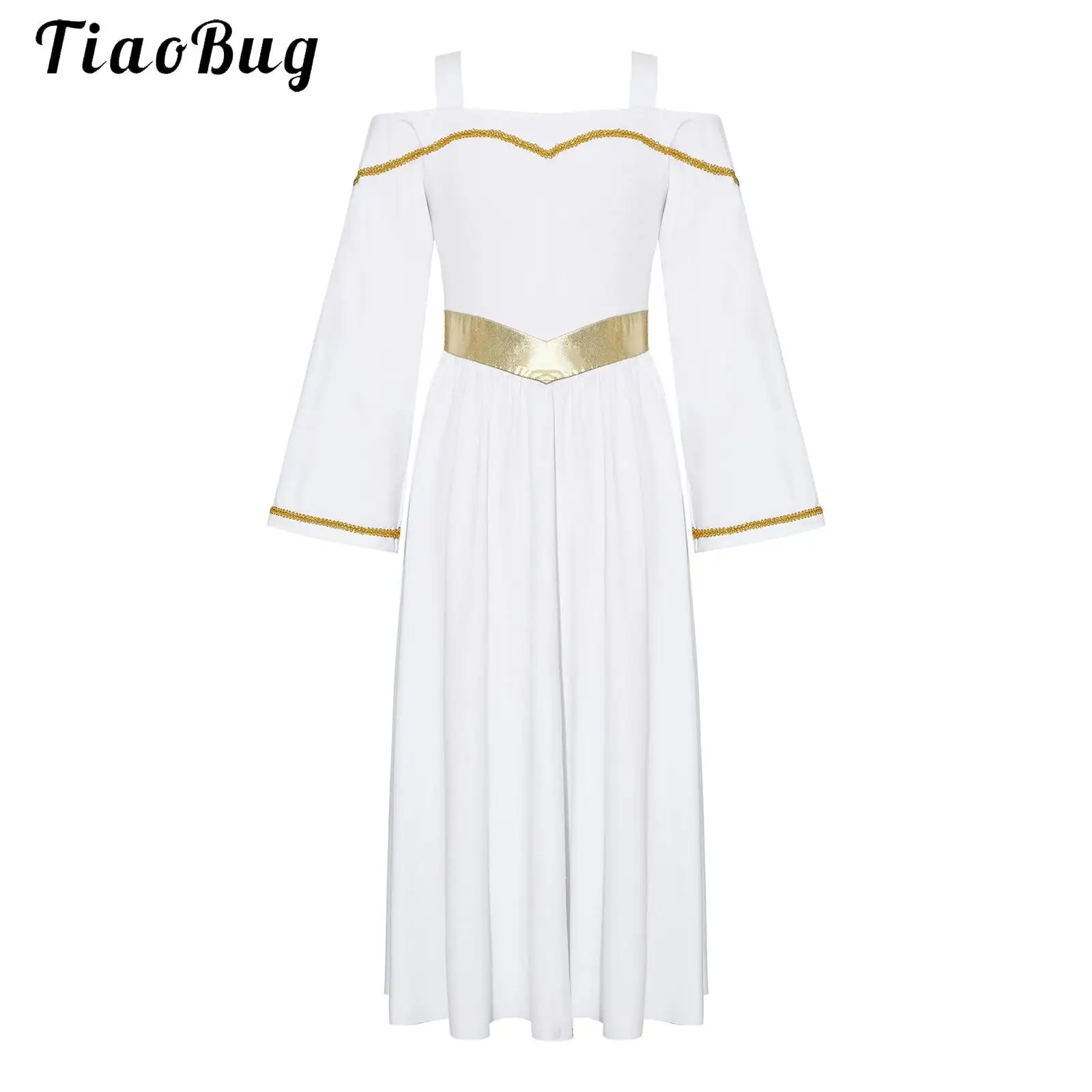 Vestido Túnica de Ángel para Niñas, Vestido Litúrgico para Danza de Alabanza, Vestido de Ballet con Hombros Descubiertos, Traje de Danza Lírica, Disfraz de Coro Infantil para Iglesia