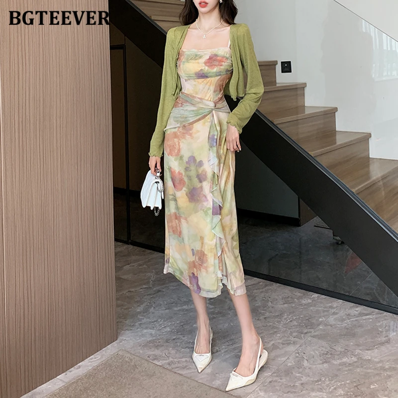 BGTEEVER Spring Summer Ladies 2 Pieces Dress Set Long Sleeve Shawl Cardigans & Floral Printed Sleeveless Package Hip Dress