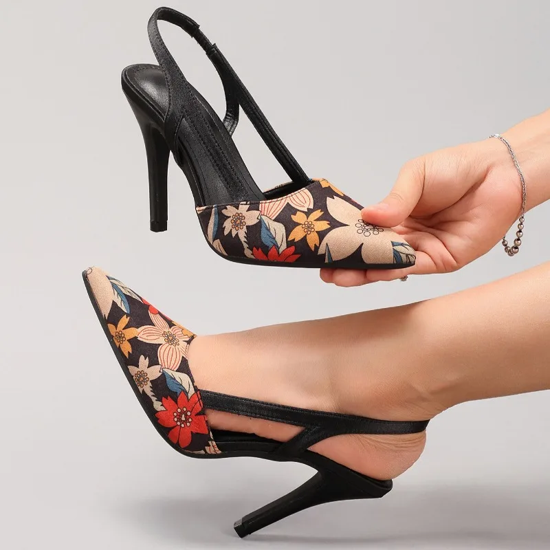 

Elegant Print Design High Heels Women Fashion Pointed Toe Back Strap Stiletto Sandals Luxury Banquet Slingback Designer Shoes