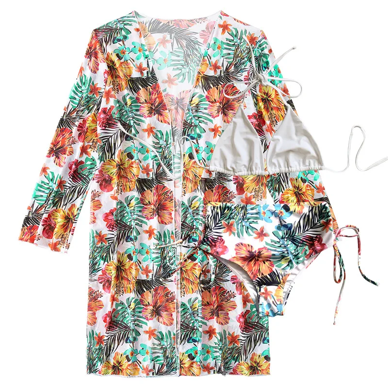 2025 섹시한 3 피스 여성 꽃 프린트 수영복 여름 홀터 푸시 업 비키니 백 레스 비치 커버 롱 스커트 수영복