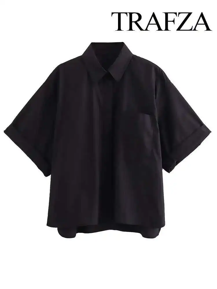 Neue Frauen Sommer Casual Kurzarm Revers Einreiher Bluse Frau Elegante Tasche Dekoration Dünnes Hemd