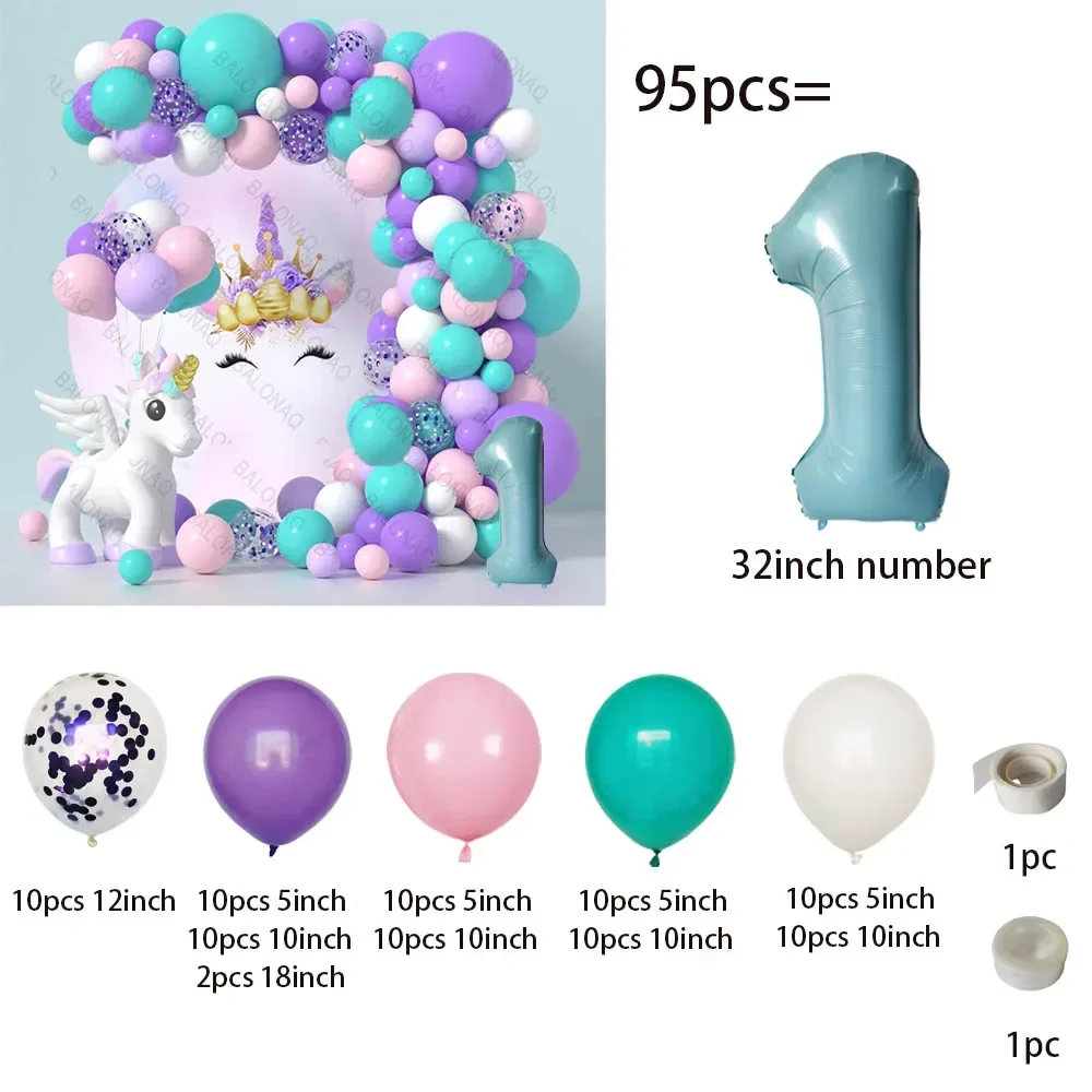 95pcs Unicorn Rainbow Birthday Balloons, 0-9 Numbers, Rainbow Unicorn Theme, Birthday, Shower Party, Room Decoration