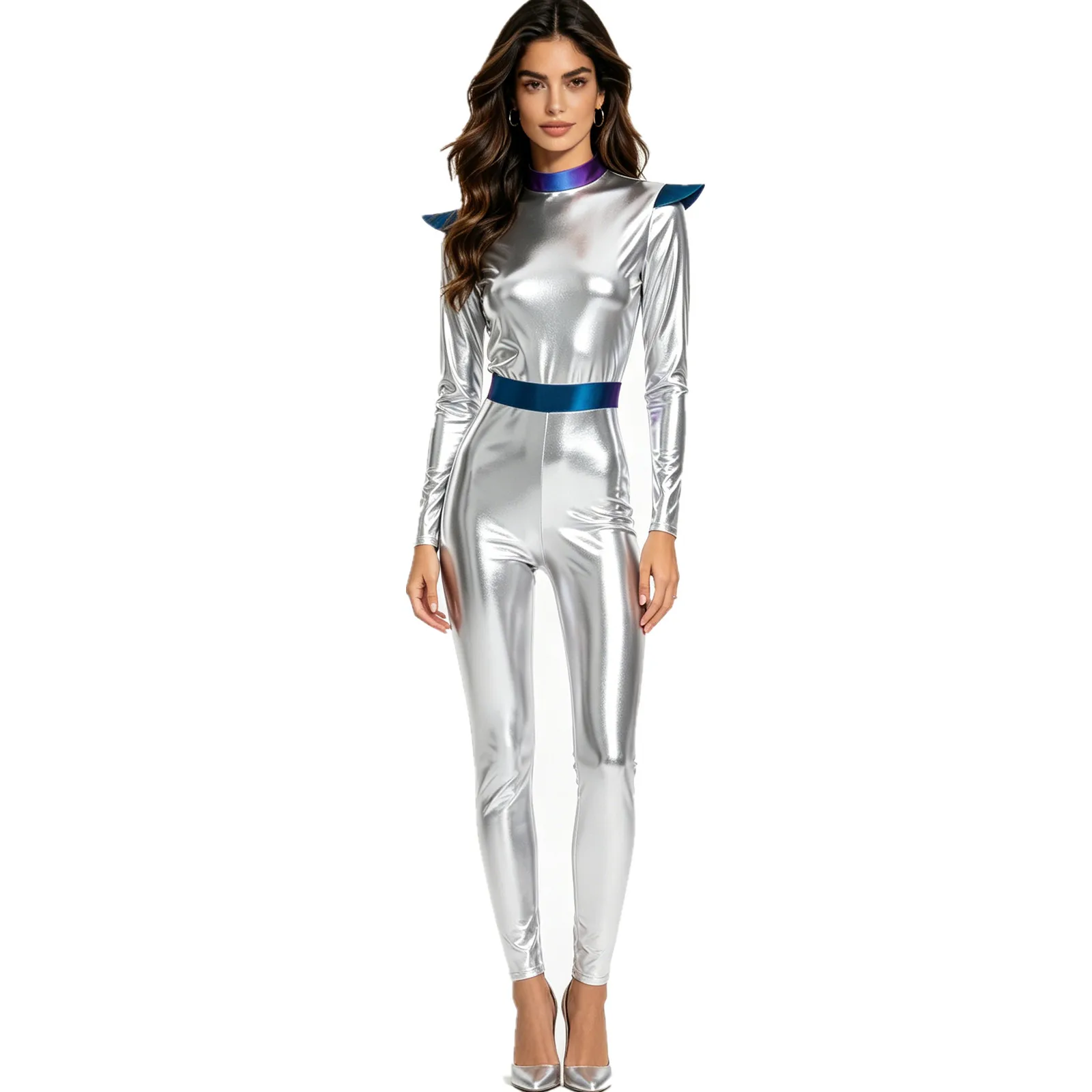 

Women Alien Astronaut Space Cadet Carnival Cosplay Costume Long Sleeves High Waist Long Jumpsuit Outer Space Cutie Robot Costume