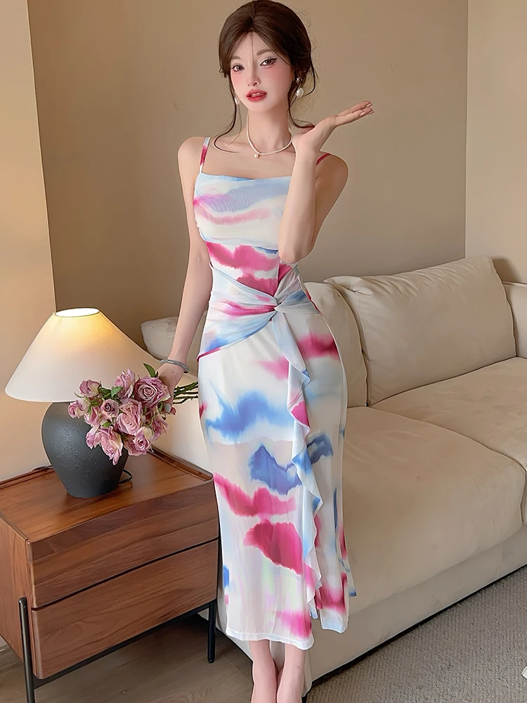 여름 Boho 인쇄 메쉬 세련된 프릴 롱 드레스 여성 우아한 Bodycon 슬링 섹시한 드레스 2025 한국어 패션 럭셔리 원피스 드레스