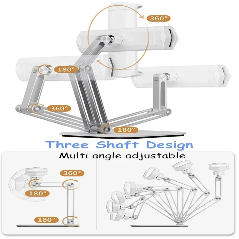 Long Arm Aluminum Alloy Tablet Stand Adjustable Folding iPad Stand Ergonomic 360°Rotatable Tablet and Phone Clamp Mount Holder