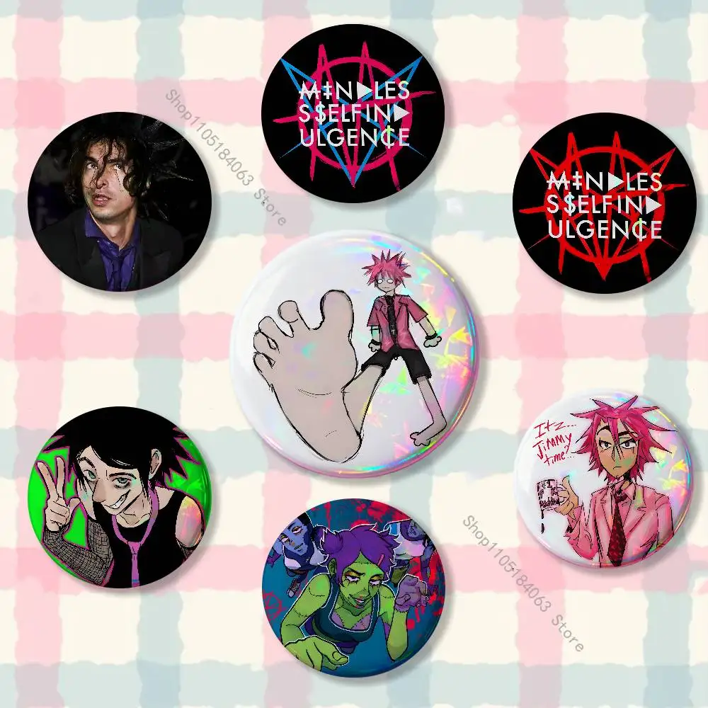 M-Mindless Self Indulgence Jimmy Reflective Pin Tinplate Round Brooch Cartoon Cosplay Badges for Bag Hat Toys Gifts