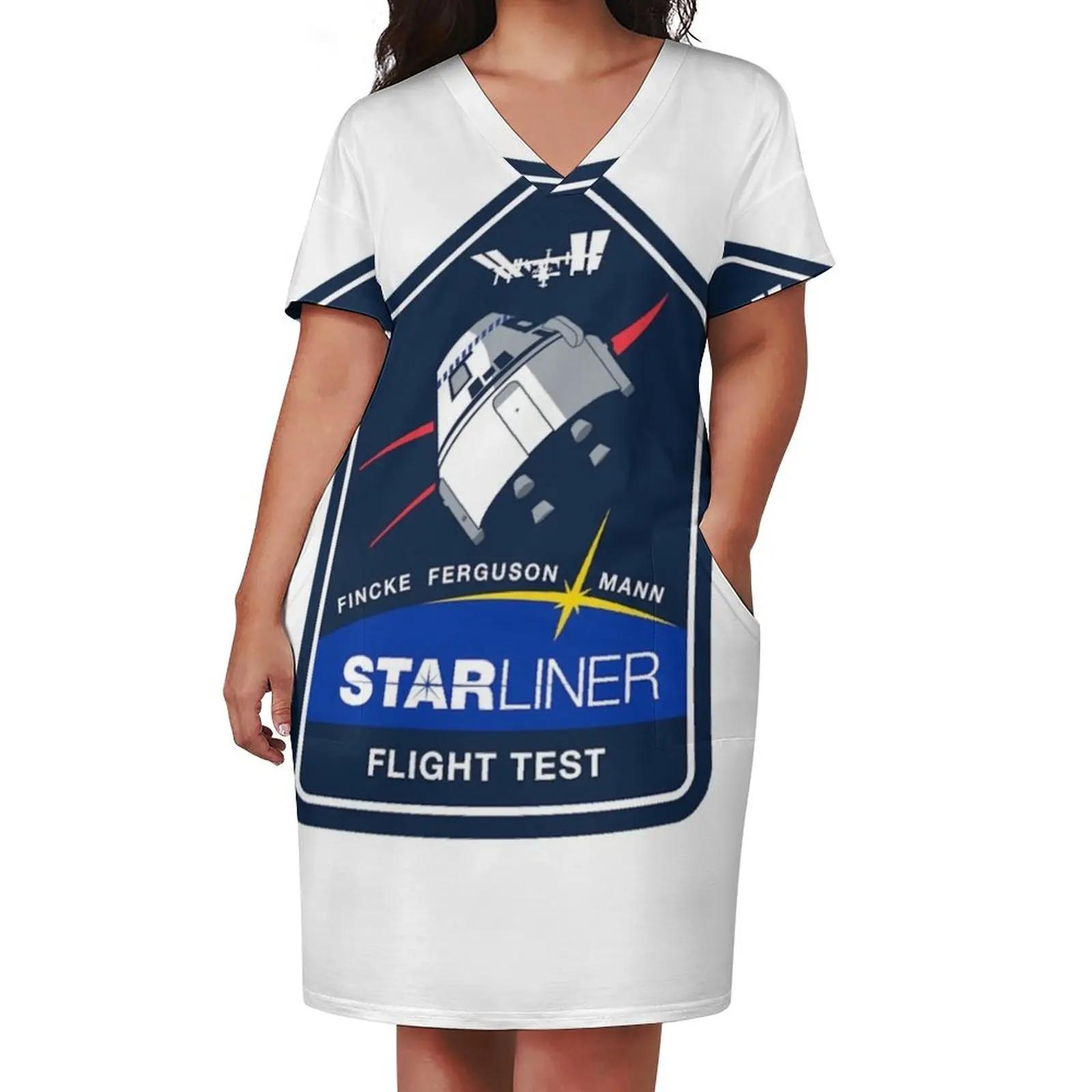 Starliner 비행 테스트 패치 느슨한 주머니 드레스 여자 의류 파티 드레스 여자 긴 드레스