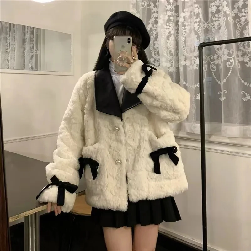 Elegant Faux Fur Jackets Women Winter Pu Patchwork Turn Down Collar Warm Tops Korean Fashion All Match Thick Bow Female Coats