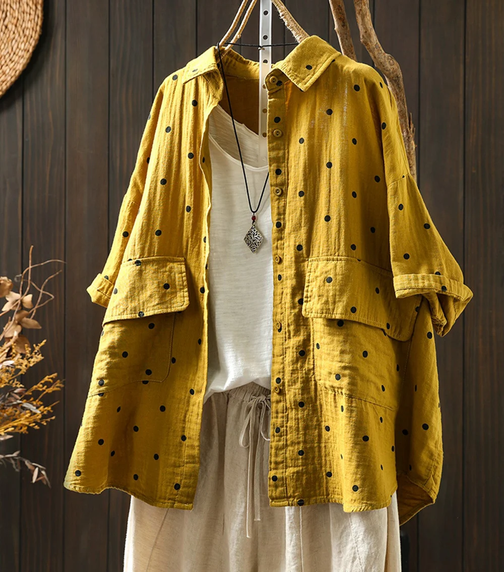 Two Layer 100% Cotton Yarn Polka Dots Shirts Women Turn Down Collar Dot Shirts Button Up Tops Korean Autumn Cardigan