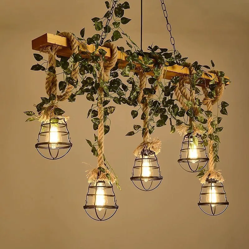 Industrial Style Wooden Hemp Rope Chain Lamp American Rural Restaurant Barbecue Farm Cashier Chandelier Retro Theme Pendent Lamp