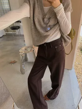 Calça jeans de algodão de cintura alta feminina, perna larga, comprimento total, marrom, vintage, 7 cores, outono, 2024