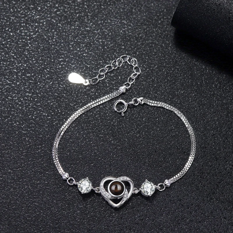 Projection Photo Bracelet Custom Love Zircon Heart Crystal Bracelet in Silver Personalized Couples Bracelets Christmas Day Gifts