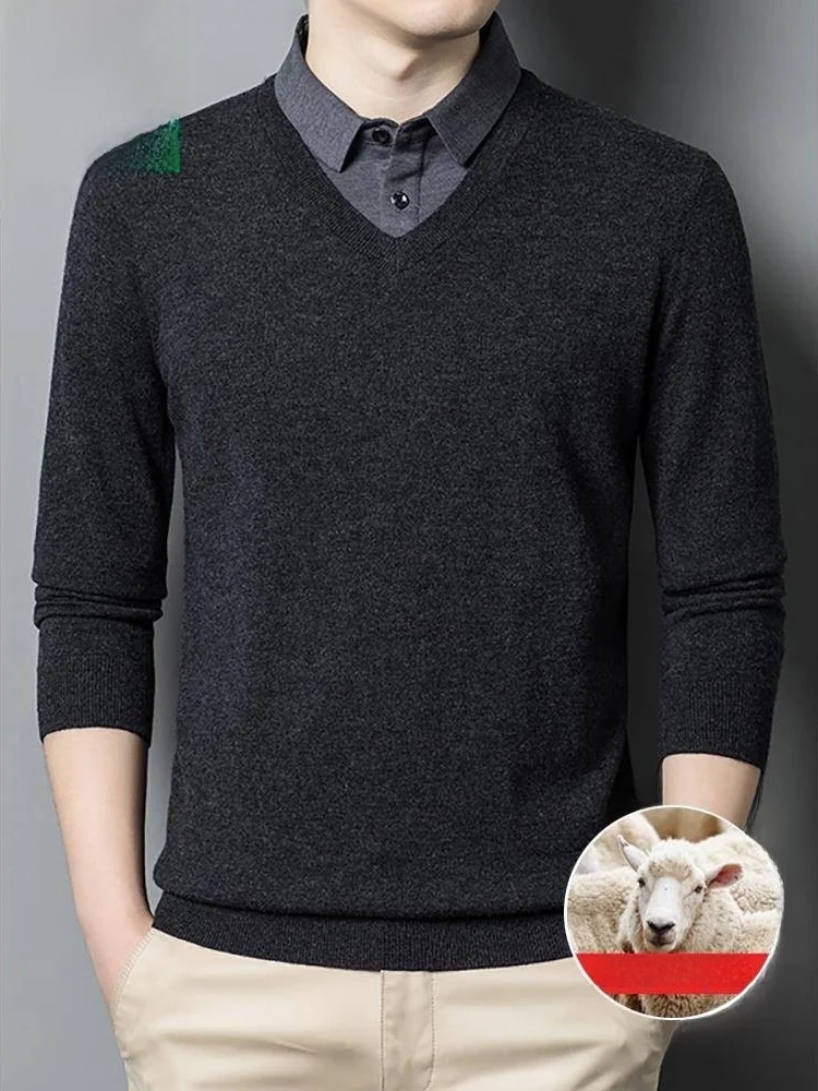 

Men's Camere Knitted Long Sve T-irt Sweater irt Collar Faion Fake Two-Piece Set Winter Busin Casual Soft Loose Fit