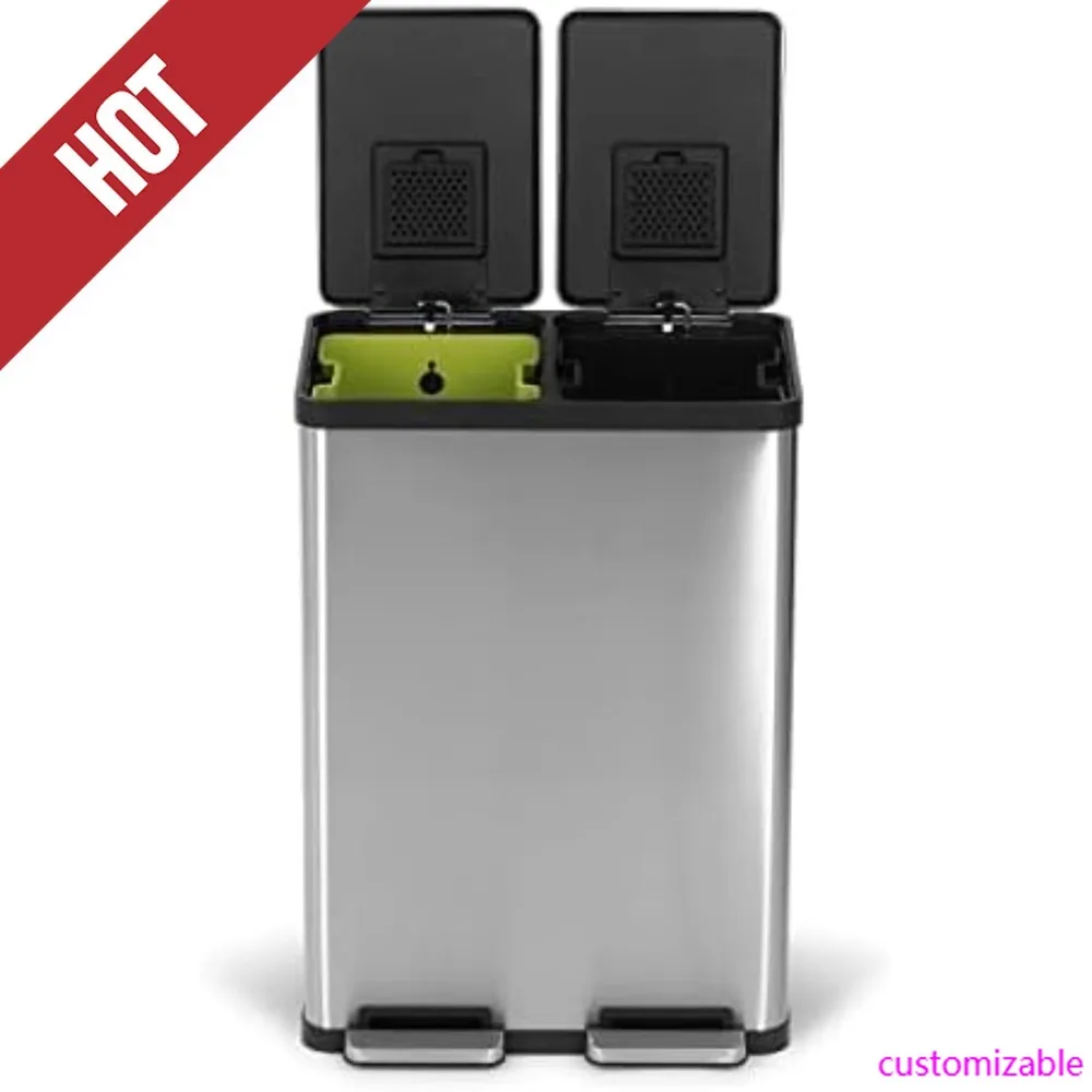 

Hot-SIMPLI-MAGIC 60 Liter / 16 Gallon Rectangular Hands-Free Dual Compartment Recycling Kitchen Step Trash Can With Soft-Close L
